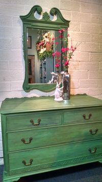 Custom mixed turquoise color, painted dresser & mirror; paint by Annie Sloan.  By Kim Neuens Design & Interiors, LLC