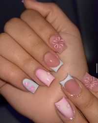 #3dart #nails #pink #blue #short #square #airbrush #cute #french #flower