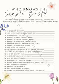 Make your wedding festivities unforgettable with our Who Knows the Couple the Best game! This instant download includes 1 bridal shower game titled "Who Knows the Couple Best". This bridal shower, bachelorette party, or wedding reception game is sure to entertain your guests and create lasting memories. This game is thoughtfully designed with beautiful graphics to complement any wedding theme. Best of all, this digital file is available for instant download, so you can print the games at your convenience. Download your pdf within minutes for fast, effortless setup and print out! How it works: Purchase the Bridal Shower Game. After completing your purchase, you will receive an email with a link to download your digital file. Download the file and print it at home, at a local print shop, or