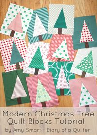 How to make a modern looking Christmas tree quilt block. Great project for using up fabric and playing with scraps. Also tips for choosing fabric.