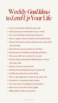 Discover Weekly Goal Ideas to Level Up Your Life. Embrace a growth mindset to reach your highest self and boost your self-growth. Explore actionable and effective goals to enhance your productivity and success. From learning a new skill, prioritizing self-care, to mastering time management, our guide provides inspiration to transform your life. Start your journey towards personal development and success today.  weekly goal ideas, level up life, plan for success, productivity, highest self, self-growth, personal development, women wealth and wellness club