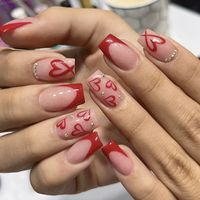 24pcs short square nails, Valentine's Day hot red French love flash bright design wear nails, white