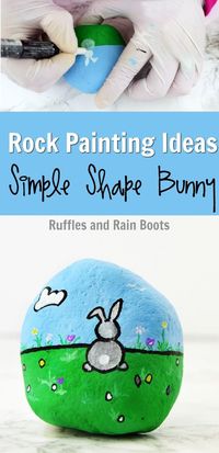 Rock Painting Bunny for Easter - Grab the kids and you can all make this adorable Easter-themed rock painting idea! It uses simple shapes and easy supplies (even for little hands). #rockpainting #rufflesandrainboots #rockpaintingideas via @momtoelise