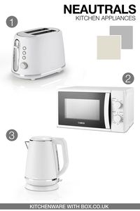 Neutral kitchen appliances are perfect for modern and minimal style kitchens! 1) Cuisinart Pebble Toaster https://www.box.co.uk/CPT780WU-Cuisinart-Pebble-2-Slice-Toaster-(CPT780_3605226.html 2) Tower White Microwave https://www.box.co.uk/T24034WHT-Tower-White-700W-20-Litre-Manual-Microwa_2914137.html 3) Cuisinart Pebble Kettle https://www.box.co.uk/CJK429WU-Cuisinart-Pebble1.5L-Jug-Kettle-(CJK429W_3605222.html