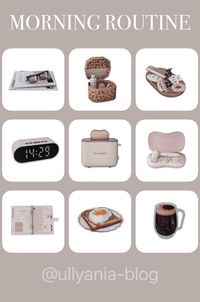 magazines || vanity bag || plate ||    alarm clock || toaster || facial brush ||    planner || avocado toast || coffee ||