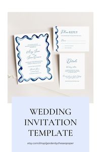 Watercolor scallop edge blue with squiggle printable template wedding invitations.Modern Wedding