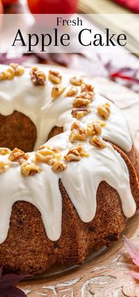 Fresh Apple Cake loaded with a generous helping of cinnamon, nuts and apples. This cake has a fantastic moist and tender texture, and a lightly crisp exterior. #savingroomfordessert #applebundtcake #applecake #applecakerecipe #apple #bundt #baking #bundtcake #freshapplecake #cake