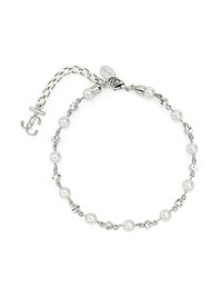 silver-tone/chalk white Swarovski crystal embellishment pearl detail logo charm lobster claw fastening adjustable fit