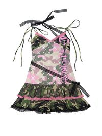 This camouflage cami dress features tie closure shoulder straps design and skeleton embellishments on the bodice, with a multi-layered skirt for added depth.  Price includes one cami dress.   	 		 			Size 			S 			M 		 		 			Waist 			68 			72 		 		 			Bust 			74 			78 		 		 			Length 			74 			75