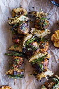 Spring Veggie + Lemon Moroccan Chicken Skewers with Minted Goat Cheese Yogurt | halfbakedharvest.com