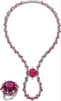 CARTIER. ‘GENÉVRIER’ Necklace - white gold, one rubellite (23.76 carats), spinel beads, diamond beads, brilliant cut diamonds. ‘GENÉVRIER’ Ring - white gold, one rubellite (21.40 carats), spinel beads, diamond beads, brilliant cut diamonds #Cartier #Cartier2020 #CARTIERSurNaturel #FineJewelry #SurnaturelCollection #Rubellite #Spinel #Diamond