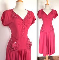 Vintage 1940's Dress // 30s 40s Hot Pink Bombshell Rayon Dress with Rhinestone Studded Appliqués //  DIVINE