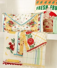 For Mom for Mothers Day         Yellows Turquoise Red Vintage Look Kitchen Towels Fabulous S/4 --- I want these!!!!