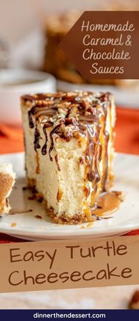 Turtle Cheesecake is a decadent creamy cheesecake recipe layered with homemade chocolate ganache, caramel sauce and chopped pecans!