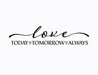 Love Today Tomorrow Always-a perfect quote for your masterbedroom or under your photos or wedding print!~~PRODUCT DESCRIPTION~~* Removable vinyl wall decal* Any sample photo used is for illustrative purposes and may not be to scale! Measure area to ensure good fit. Custom sizing is available, please convo for quote.~~CHECKOUT~~* Please select COLOR and SIZE upon checkout~~ABOUT PRODUCT~~* Apply decals in area that is out of reach of small children.* Decals work best within 90 days of purchase.