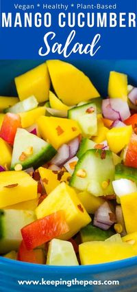 Sweet mangos, cool cucumbers, and a a hint of spicy red pepper make this mango cucumber salad the perfect light accompaniment at summer picnics and BBQs. #mangoes #cucumber #salad #mangosalad