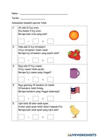 Operasi tolak online worksheet for Preschool. You can do the exercises online or download the worksheet as pdf.