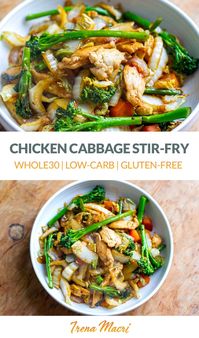 This quick and easy chicken cabbage stir-fry is a great midweek dinner meal. It's healthy, nutritious, gluten-free, paleo, low-carb and Whole30-friendly. You can make it with chicken breast or thigh meat and any type of cabbage or any other cruciferous vegetables of choice. #chickenrecipes #stirfry #paleo via @irena_macri