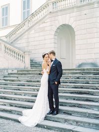 This pre wedding shoot took place at the gorgeous Villa Melzi on Lake Como. We arrived via the classic como wooden boats. The brides italian inspired wedding gown and crown was the perfect pairing for the groom's black tux. This Italian destination wedding editorial was perfection.