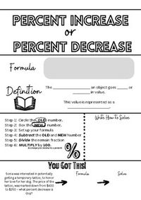 "Grade 7 Percent Increase and Decrease Solving Support Review Sheet"As a dedicated educator, I was deeply committed to ensuring my grade seven students grasped and excelled in the challenging concept of Percent Increase and Decrease (Percent Change). Recognizing their struggles and the need for a comprehensive learning tool, I created the Grade 7 Percent Increase and Decrease Solving Support Review Sheet.My students often found remembering the intricate steps involved in solving these problems c