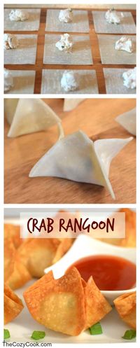 Crispy wontons fried to golden perfection and filled with a classic cream cheese crab rangoon filling. Enjoy them baked or fried! | The Cozy Cook | #appetizers #chinesefood #crabrangoon #asianfood #newyears #fried