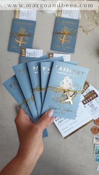 Gold white and dusty blue Passport Wedding Invitation, Golden Wedding Cards Boarding Pass, Travel Passport Wedding Invitations Abroad, Destination Wedding Invites, Travel Map Wedding Stationary