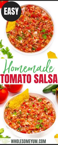 Learn how to make salsa with fresh tomatoes in 5 minutes! This homemade salsa recipe is loaded with zesty flavor using easy ingredients. #wholesomeyum