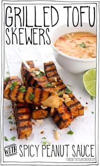 Grilled Tofu Skewers with Spicy Peanut Sauce! The tofu can marinate in the fridge for up to 3 days, then just grill on your BBQ when ready to enjoy. These also work great as a party appetizer. #itdoesnttastelikechicken #veganrecipes #veganbbq #tofurecipe via @bonappetegan