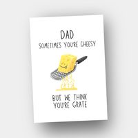 Funny Card for Dad - Great for Birthday or Father's Day 'Dad, Sometimes you're cheesy, but we think you're grate'. This thick & glossy quality card is 7" x 5" (7.78cm x 12.7cm).  It comes with a craft envelope in a cello bag, carefully posted 1st class in a thick 'do not bend' cardboard envelope.   Dispatched the same day if ordered before 12pm, Monday to Friday. I hope you love this card and if you'd like to see more, please visit my Etsy page: TwistedHedgehogCards.   Thank you!