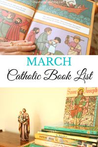 Free printable Catholic book list for the liturgical month of March.  MEGA book list for all the Catholic feast days in March (St. Joseph, Patrick, Katherine Drexel, and MORE!)  Perfect for the Catholic family and kid activities