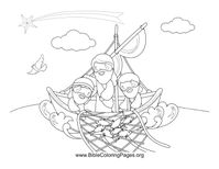 Jesus and the disciples catch fish in their nets in this Bible coloring page.