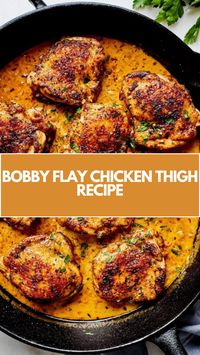 Bobby Flay��’s Chicken Thighs recipe is made with boneless chicken thighs, garlic powder, onion powder, paprika, olive oil, butter, shallot, garlic, chicken broth, lemon juice, fresh thyme, crushed red pepper flakes, and heavy cream. This delicious Bobby Flay Chicken Thighs recipe creates a tasty dinner that takes about 30 minutes to prepare and can serve up to 4 people.