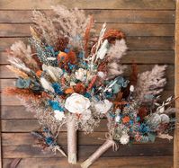 Best for fall autumn wedding. Teal blue, burnt orange, and eucalyptus color scheme. Natural dried flowers and 2 sola wood flowers.  The set includes a bride's bouquet, a bridesmaid's bouquet, boutonnieres for guests, dads, and men,  hand corsages for mom, grandmother, and bridesmaid. Also flower hair combs. https://www.etsy.com/listing/1732129162/  We have compositions for arches. Also, you will find more items in my store in this color scheme. You can send me your palette of colors and the bouq