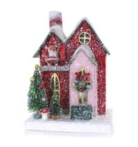 A mini reproduction of the vintage holiday houses. Here comes Santa as he's getting ready to head down the chimney! 5.25" x 4" x 7.25"