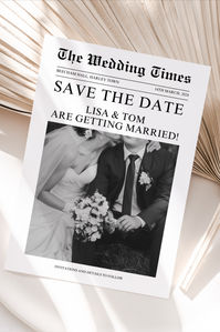 Announce your special day in style with these Newspaper Save the Date Cards. Whether it's a wedding, engagement, or any important celebration, these Newspaper save the date cards are a delightful way to ensure your loved ones mark their calendars. #newspapersavethedate #uniqueweddinginvitation