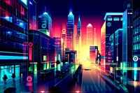 cyberpunk city road illustration, blade runner inspired neon noir environment landscape illustration abstract art artwork, cyberpunk illustration inspiration & ideas for phone and desktop wallpaper, dark, black, purple blue neon glow night city street scene environment render, illustration, scifi fantasy environment futuristic tech architecture buildings digital art, matte painting Cities and Lights – Illustrations by Romain Trystram | HeyDesign