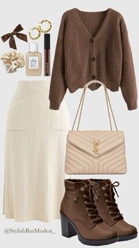 Stay warm and stylish this season! This chocolate brown knit cardigan paired with a ribbed cream skirt creates the perfect cozy yet elegant look. Add lace-up boots and a quilted YSL bag for that effortlessly chic autumn aesthetic. Complete the look with gold accessories and a swipe of deep brown lipstick for that bold, earthy vibe 🍁✨.  Perfect for brunch dates, cozy coffee runs, or fall strolls. 🍂 #FallFashion #NeutralTones #CozyVibes #ModestFashion #AutumnOutfits #EffortlessChic