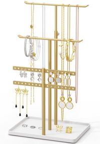 PRICES MAY VARY. 3-Tier Jewelry Stand : This holder has 3 tiers and 5 bars. Large Capacity & Well organized Easy to Assemble : Few steps to assemble, including required accessorys, and no need for additional tools. Extra Sturdy : Jewelry stands are made of metal, and the base is made of wooden. Ideal Gift : Ideal gifts for lovers, mother etc... Worry-free Service : One-year warranty guarantee! If you have any questions, pls contact us! Jewelry Stand Holder 5 bar