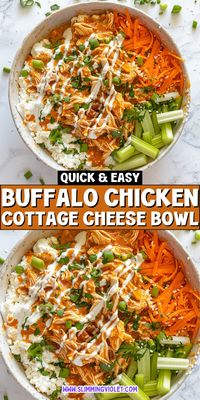 Spice up your meal with this Buffalo Chicken Cottage Cheese Bowl! It's creamy, tangy, and perfect for a high-protein snack. Check out the recipe and feel the heat!