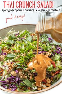 Easy to make Thai crunch salad with spicy peanut ginger sauce. Make ahead, take to summer parties, healthy vegan side dish or light lunch. Make your own CPK Thai crunch salad copycat at home in 20 minutes! | simplyceecee.co #peanutsauce #thaicrunchsalad #cpkcopycatsalad #vegan #glutenfree #keto