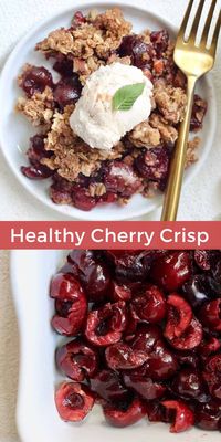 The easiest recipe for Healthy Cherry Crisp with only 8 ingredients! The irresistible almond oat topping is perfect with vanilla ice cream.