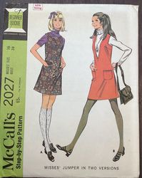 Vintage McCalls Sewing Pattern, 2027, UNCUT, A Line Dress, Jumper, Size 16, 1960s Fashion, Retro Dress, Bohemian This is a vintage 1969 McCalls pattern #2027 for an a-line jumper dress with a choice of two necklines.  There are 8 pieces in this pattern kit.  This pattern is uncut and factory folded.  The envelope is in great condition.  There is some minor creasing on it.  Please see pictures as they are part of the description.   This will arrive packaged up with sturdy cardboard around it.   T