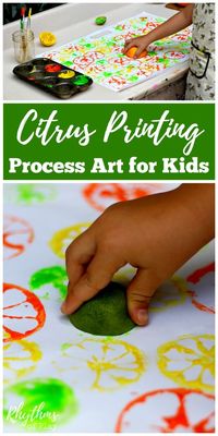 Citrus printing process art is an easy art project and painting idea for children. It is a super fun art technique for kids to learn to use paints and art materials, explore their creativity, and practice stamping to make art. A simple homeschool art lesson for toddlers, preschoolers, and kids of all ages!