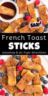 Homemade French Toast Sticks are an easy and delicious way to enjoy a classic breakfast with a fun twist. Perfect for dipping, these golden, crispy sticks are sure to become a favorite for both kids and adults alike! Stovetop and Air Fryer Directions for French Toast Sticks at TidyMom.net