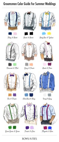 Discover the very best color options for your wedding with this groomsmen guide to pairing bow ties and suspenders in the top summer colors.