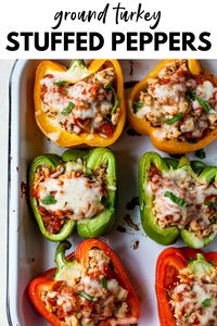 These light and healthy Ground Turkey Stuffed Peppers always make for an easy, protein-packed dinner! They’re stuffed with an aromatic turkey filling, topped with marinara and cheese, and are naturally keto, low carb and gluten free.