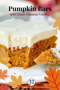 If you are looking for fall desserts, look no further! These Pumpkin Bars with Cream Cheese Frosting are a classic fall dessert that's simple to make, soft, utterly delicious, and filled with warm spices. The velvety Cream Cheese Frosting makes these simple bars a standout favorite.