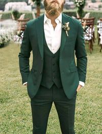 Fabric: Polyester   Jacket Buttons:   Single Breasted Two-buttons      Neckline: Notch   Embellishment: Pocket   Includes: Jacket, Pants, Vest    Shown Color:              Dark Green                Tips: Accessories not included