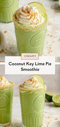 Creamy coconut key lime pie smoothie made with simple ingredients and luscious hints of coconut. This incredible key lime pie smoothie recipe tastes just like a slice of your favorite dessert but is packed with protein and a boost of sneaky veggies! Enjoy the perfect breakfast, snack or even healthy dessert. #smoothie #keylimepie #coconut #healthybreakfast #healthydessert #healthysnack