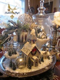 Glass apothecary, snow, mica house, mercury glass, greenery & glitter vignette!! Anything goes when the colors all match!